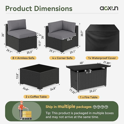 Aoxun 15 Piece Patio Furniture Set with 44” Fire Pit Table Wicker Rattan Patio Sectional Sofa Set Outdoor Seating Furniture with Thickened Cushion, Grey