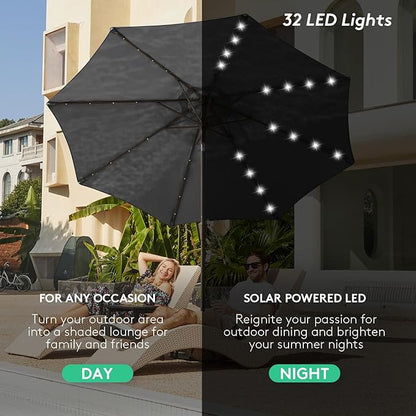 JEAREY 9FT Outdoor Patio Umbrella with Solar Lights, LED Lighted Pool Umbrella with Tilt and Crank, Outdoor Table Umbrellas for Deck, Yard & Market (Dark Gray)
