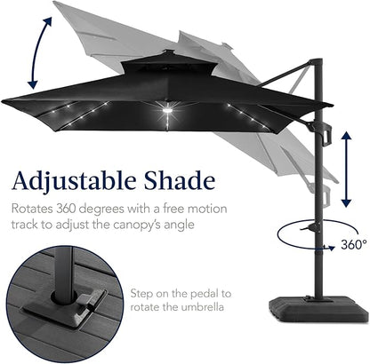 Best Choice Products 12x12ft LED Cantilever Patio Umbrella w/Base Included & 360° Rotation, Large Solar Offset Hanging Outdoor Sun Shade for Deck, Backyard Table w/Stand & Lights – Black