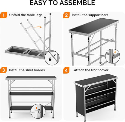 VINGLI 43" Portable Bar Table, 3-Tier Shelves, Mobile Bar Table for Events, Party, Camping, Picnic, Tradeshow, Indoor with Black Skirt (2, 43")
