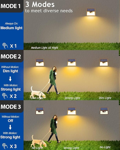 Peasur Solar Lights Outdoor Motion Sensor Waterproof, 3Pack 140LED Brown Solar Powered Fence Light, 3 Modes Security Wall Lights for Garden Yard Outside(Warm White)
