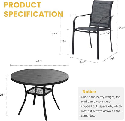 VICLLAX 5 Pieces Patio Dining Set for 4, Outdoor Furniture Set Includes 40.7" Round Patio Table and 4 Patio Stackable Chairs, Black Tabletop and Grey Fabric