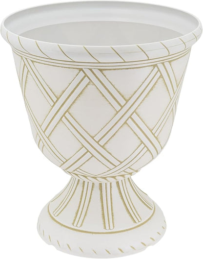 Arcadia Garden Products PL61BG Lattice Plastic Garden Urn, Classic Decorative Garden Pot Planter for Indoor and Outdoor Plants, Beige