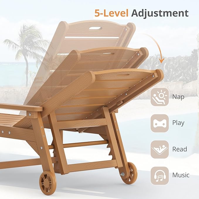 LUE BONA Outdoor Chaise Lounge Chairs Set of 4, HDPS Chaise Lounger, 5 Positions Adjustable Lounge Chairs, Pool Lounge Chair with Wheels for Poolside, 3 Year Warranty, Teak Color