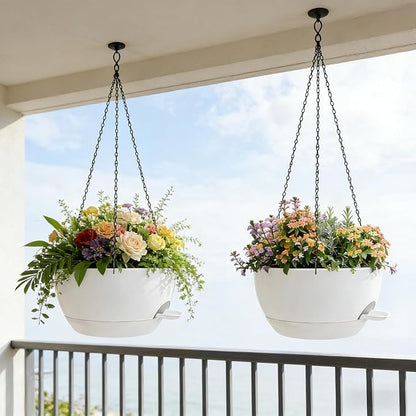 2 Pack 12 Inch Self Watering Hanging Planters for Indoor Plants, Large White Plastic Hanging Pots with Chains for Outdoor Patio Garden Home Decor White