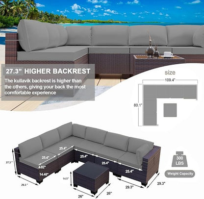Kullavik 7 Pieces Outdoor Patio Furniture Set PE Wicker Rattan Sectional Sofa Patio Conversation Sets,Grey