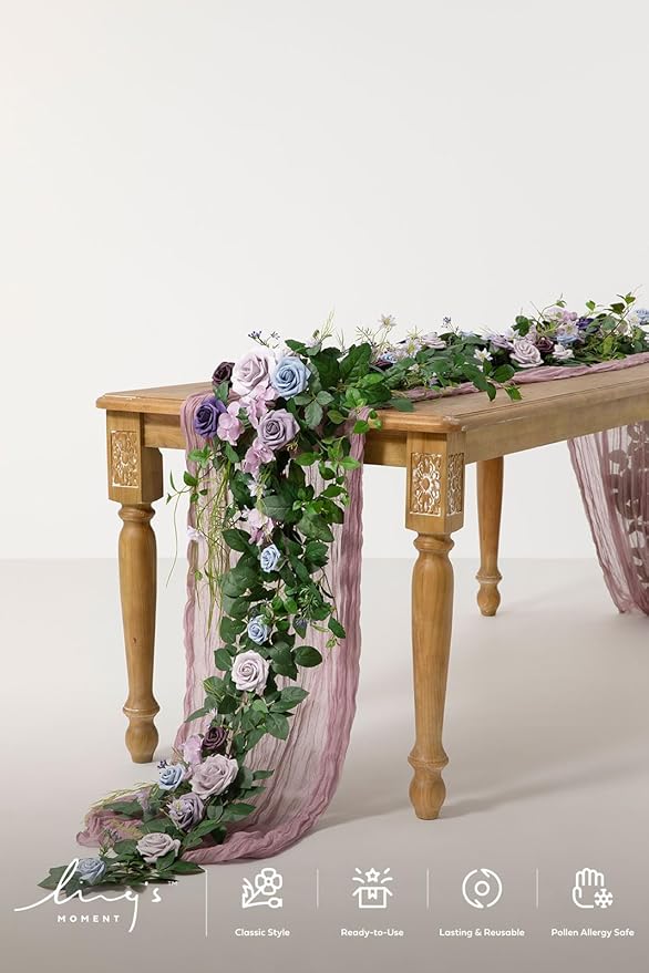 Artificial Flower Garland, 6-Foot Silk Eucalyptus and Rose, Purple