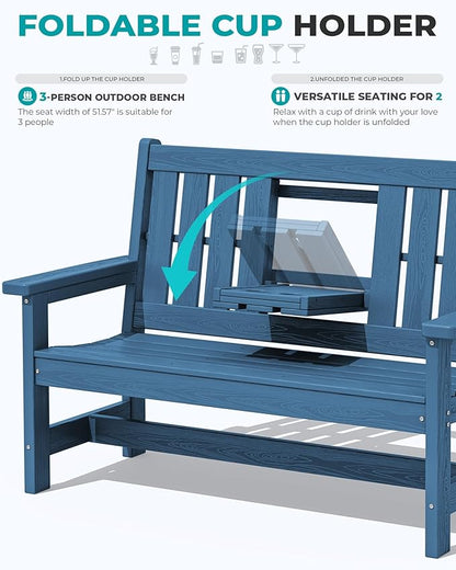 SERWALL Outdoor Bench with Cup Holder, 58" HDPE Garden Park Bench Suitable for 3 Person, All Weather Patio Benches with High Backrest and Wide Armrests for Garden, Park, Yard, Front Porch, Navy