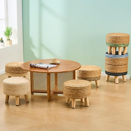 Cpintltr Ottoman Natural Seagrass Footrest Poufs Hand Weave Round Foot Stool for Couch Desk Soft Step Stool Padded Foot Rest with Pine Legs for Living Room Bedroom (Natural White)