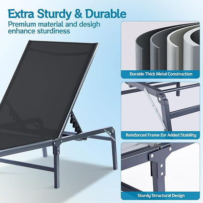 Outdoor Chaise Lounge Chair Set of 2, Foldable & Assemble-Free, 6 Adjustable Positions, Durable Rust-Resistant Frame, Portable Outdoor Pool Lounge Chairs for Pool Patio Beach, Black