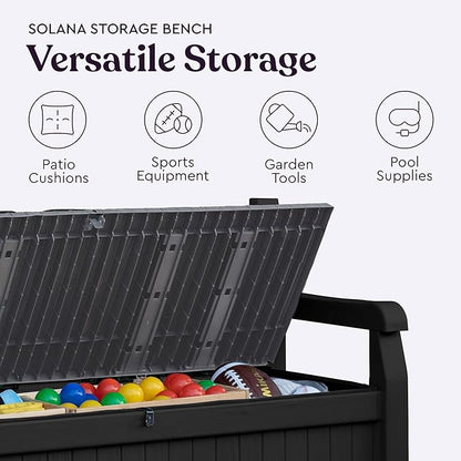 Keter Solana 70 Gallon Storage Bench Deck Box for Patio Storage, Front Porch Decor and Outdoor Seating – Perfect to Store Garden Tools and Pool Floats, Graphite