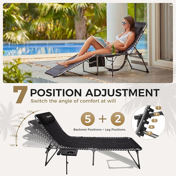KingCamp Oversize Lounge Chair Outdoor, Extra Large Padded Folding 5 Positions Chaise Tanning Chairs with Pillow & Side Table for Outside Sunbathing Beach Patio Pool Camping (Black)