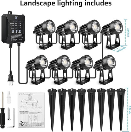 All-in-One Low Voltage Landscape Lighting Kit, 8 Pack Landscape Lights with Smart Transformer, Dimmable Waterproof Outdoor LED SpotLights, 24V LED Landscape Lights for Yard, Garden(Warm White)