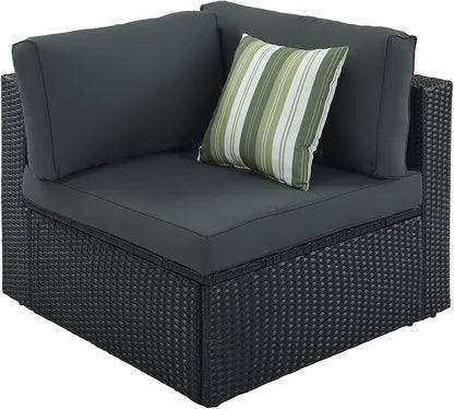 Merax 7-Piece Outdoor Wicker Sectional Sofa Set,Modular Rattan Conversation Set with Gray Cushions,Striped Green Pillows & Tempered Glass Coffee Table for Patio,Garden,Deck,Black