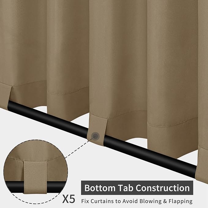 Easy-Going Outdoor Patio Curtains Detachable Tab Top Windproof Weatherproof Curtain for Cabana, Porch, Pergola and Gazebo, Tab Bottom Drape, 2 Panels, 110W x 84L inch, Khaki