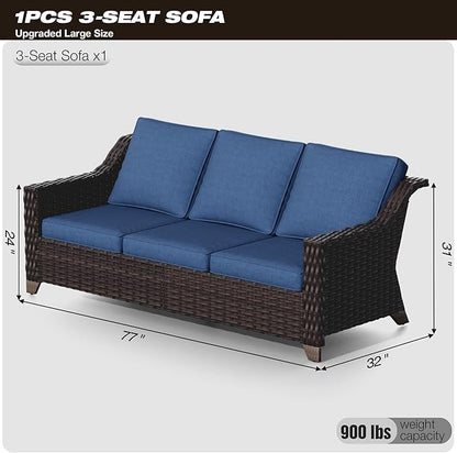 Joyside Patio Sofa - 3 Seater Rattan Sofa, All Weather High Back Sofa, Upgraded Large Size with 4inch Seat Cushions for Backyard, Garden, Poolside (Brown/Blue)