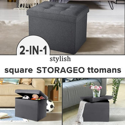LINMAGCO Small Storage Ottoman Stool Foot Rest Stool Under Desk Stool Short Folding Ottoman Linen Cloth Dark Gray 17X13X13IN