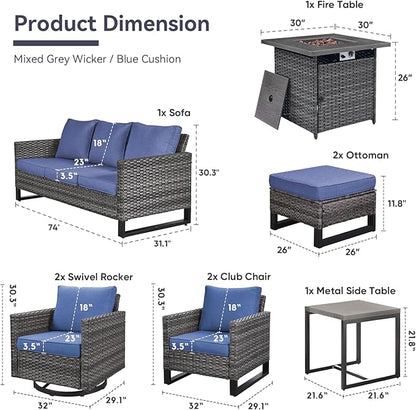 Belord Patio Furniture Set with Fire Pit Table: 9 Pieces Wicker Oversize Patio Conversation Set with Outdoor Swivel Glider Rocker Rattan Couch Ottomans, Anti-Rust Frame, Removable Cushion Blue