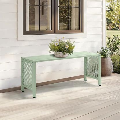 VINGLI 40in Outdoor Metal Bench, All-Weathe Backless Patio Bench with Slatted Seat＆Floral Side Panels, Rust-Resistant Garden Bench, Weatherproof Outdoor Seating for Porch Entryway Backyard (Green)