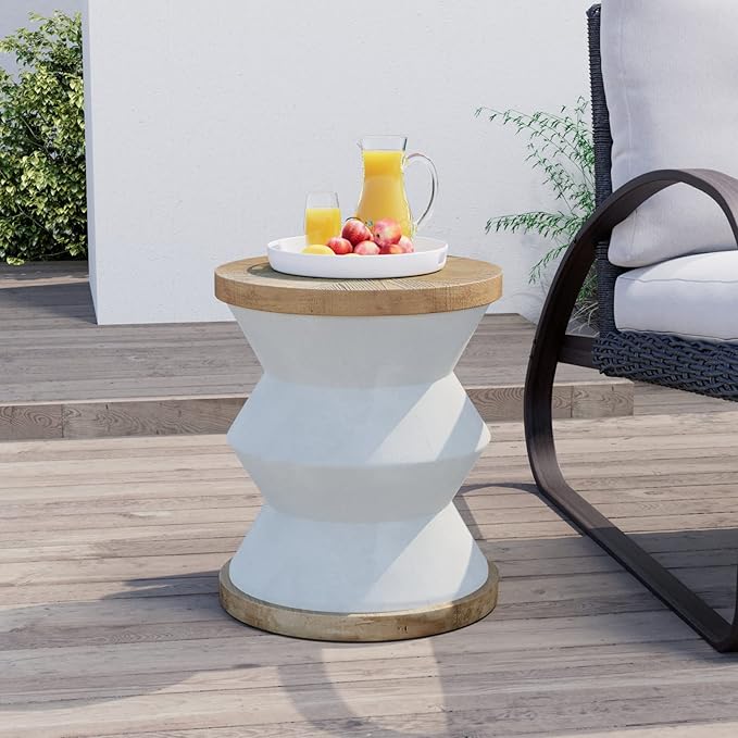 COSIEST Outdoor Side Table Set of 2, Round MgO Concrete Side Table, Patio End Table, Lightweight Concrete Accent Table with Rotund Base, Cylinder Top Plant Stand for Garden and Deck