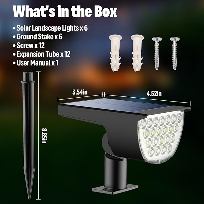 Solar Lights Outdoor Waterproof IP65, Solar Powered 76 LED 3 Lighting Modes Solar Spot Lights Outdoor for Yard Garden Landscape Pathway (Cool White, 6 Pack)