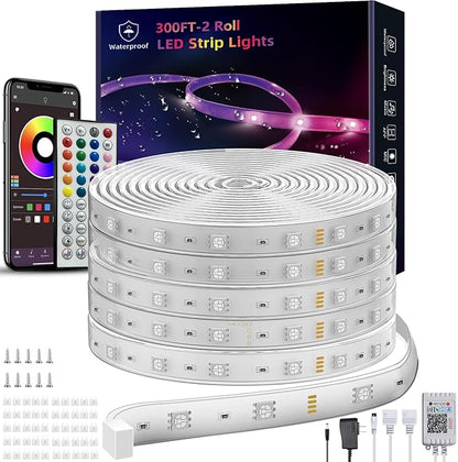Outdoor Led Strip Lights Waterproof 298ft (2*149ft), Ip65 Outside Led Light Strip Waterproof with Remote and App Control, Exterior Led Rope Lights Music Syne RGB Strip Lights for Bedroom Decor