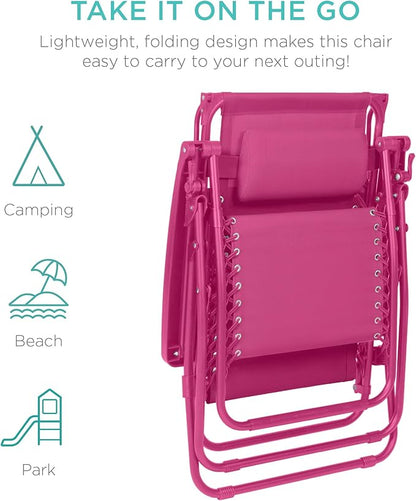 Best Choice Products Folding Zero Gravity Outdoor Recliner Patio Lounge Chair w/Adjustable Canopy Shade, Headrest, Side Accessory Tray, Textilene Mesh - Hot Pink