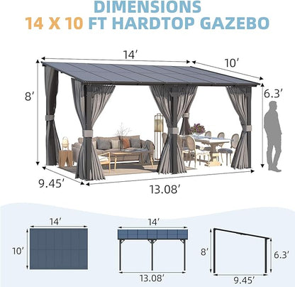 AECOJOY 14' x 10' Gazebo for Patio, Hard Top Lean to Gazebo Pergola with Curtains and Mosquito Netting, Large Wall-Mounted Heavy Duty Awnings for Patio, Decks, Backyard and More
