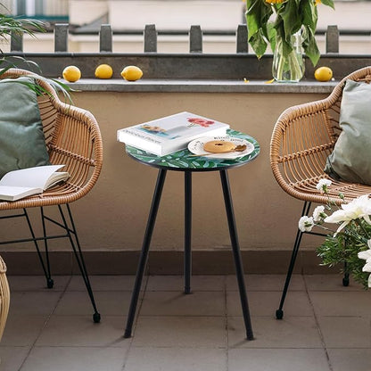 Metal Outdoor Side Tables Set of Two Small Outside Round End Table for Patio Modern Accent Garden Corner Table for Small Spaces, Balcony, Porch, Weather-Resistant, Plant Stand Indoor, Green Leaves