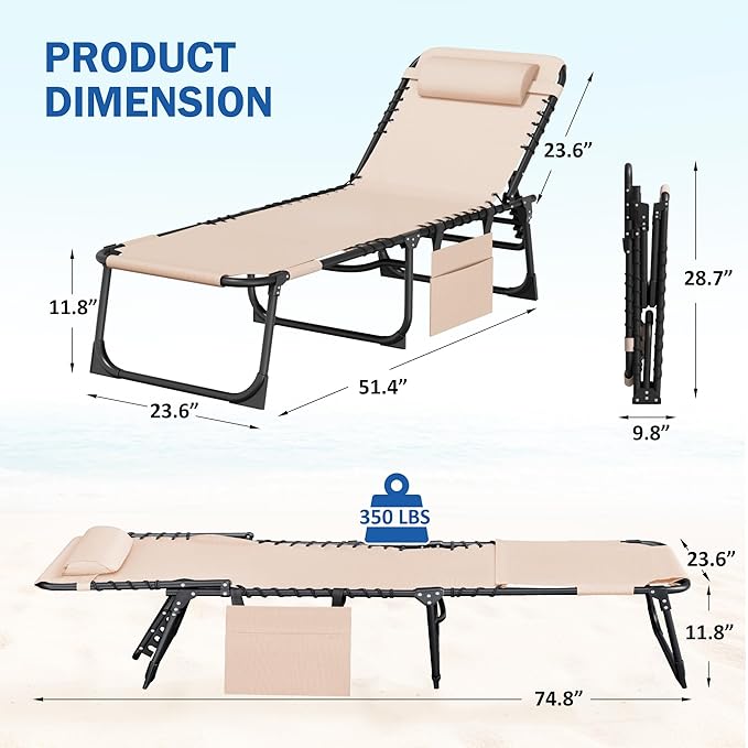 Devoko Beach Lounge Chair, Outdoor Sun Tanning Chair with Face Hole, Heavy Duty Folding Portable Lay Chaise Lounge Chairs for Outside Beach Pool Camping Patio, Beige