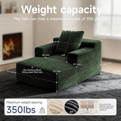 45'' Chaise Lounge Chair Indoor, Corduroy Upholstered Boneless Sofa Bed, Deep Seat Sleeper Couch Reading Chairs, Small Comfy Cloud Sofas Couches for Living Room, Bedroom, Movie Room (Green)