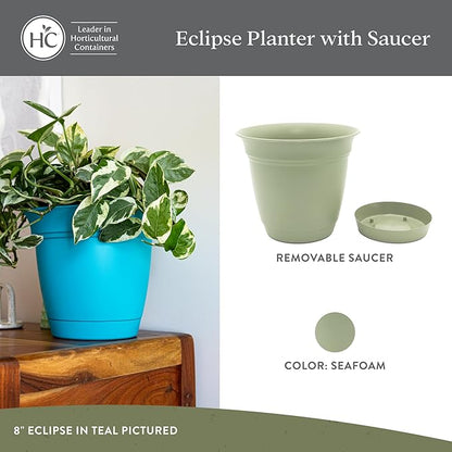 The HC Companies 20 Inch Eclipse Round Planter Pots with Drainage Holes & Attached Saucer, Lightweight UV-Resistant Plastic Indoor Outdoor Planters, 2-Pack Flower Pots for Garden & Home Decor, Seafoam