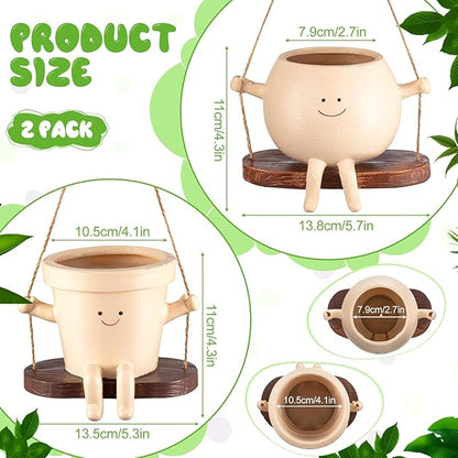 Domensi 2 Pcs Swing Hanging Planter Cute Smile Flower Face Pot Indoor Outdoor Pots for Succulent String of Pearls Plants Plant Ideal Gifts for Christmas Birthday(Swing Mixed Shapes,Mixed Sizes)