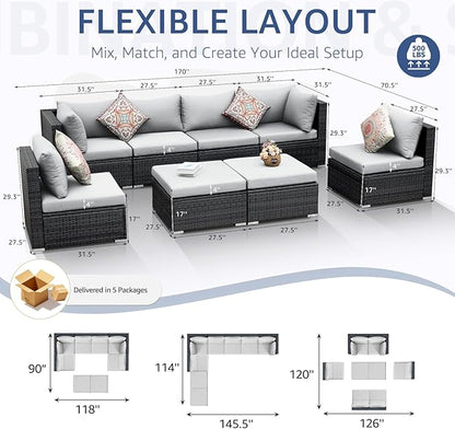 NICESOUL 8 Person Outdoor Patio Furniture Set, Extra Large Wicker Sectional Sofa with Ottoman, All-Weather Wide and Deep Seating Conversations for Outside Garden, 29.3'' High Back Comfy Couches,Grey