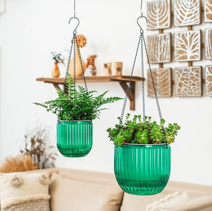 Melphoe 2 Pack Self Watering Hanging Planters Indoor Flower Pots, 5.3/8.3 Inch Outdoor Hanging Basket, Plant Hanger with 3Hooks Drainage Holes for Garden Home (Emerald)