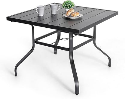 NUU GARDEN 37" Outdoor Patio Table, 4 Person Steel Slat Square Dining Table with 1.57" Umbrella Hole, Slatted Top and Powder Coated Iron Frame for Patio, Garden and Balcony, Black
