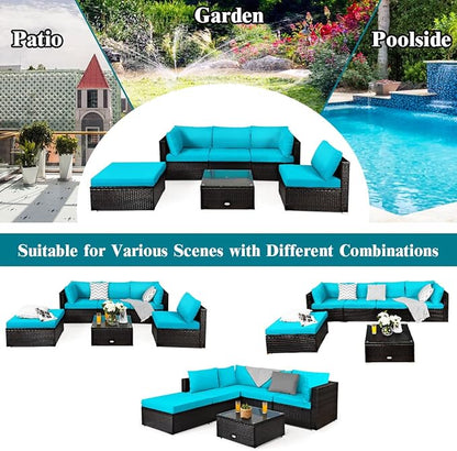 Tangkula 6 Piece Patio Furniture Set, Outdoor Deck Lawn Backyard Durable Steel Frame PE Rattan Wicker Sectional Sofa Set, Conversation Set with Coffee Table (Turquoise)