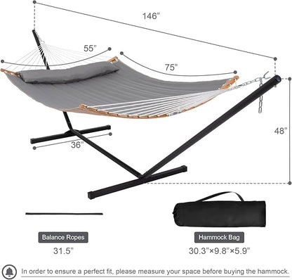 Outdoor Hammock with Stand Included, Heavy Duty Hammock with Curved Spreader Bar, Pillow and Portable Bag, 450 Lbs Capacity, Grey
