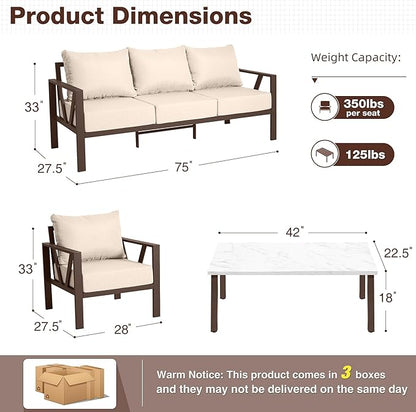 Outdoor Patio Furniture Set, 4 Pieces Metal Patio Furniture Set with Coffee Table, Modern Outdoor Patio Conversation Seating Set with 6” Thick Cushions, Upgrade Beige