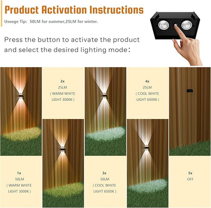 2-Pack Solar Fence Lights, Up & Down Lighting, 50LM/25LM Dual Brightness, 4 Color Modes, IP65 Waterproof, 1200mAh Battery, Screw/Adhesive Mount for Garden Wall Path Deck