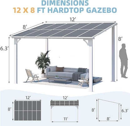 AECOJOY 12' x 8' Outdoor Gazebo Pergola for Patio, Large White Hardtop Lean to 8x12 Gazebo Shelter Pergolas and Gazebos Clearance with Patio Roof, Wall-Mounted Heavy Duty Awnings for Backyard