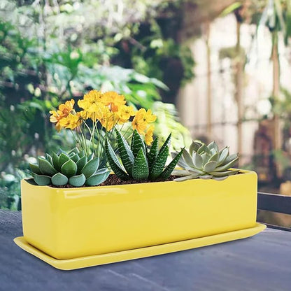 Vencer 14 Inch Rectangular Modern Minimalist Ceramic Succulent Planter Pot - Window Box with Saucer,Office Desktop Potted Stand,Yellow,VF-0173Y