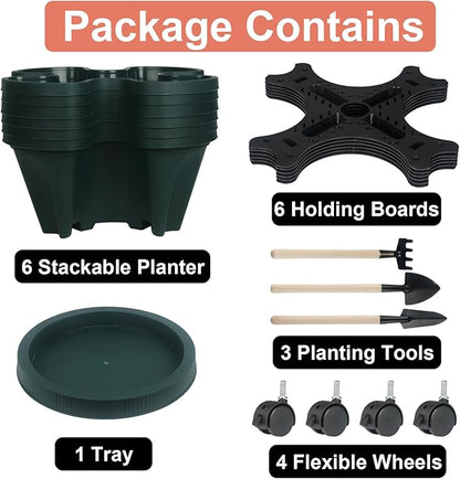 GameXcel Vertical Planter 7 Tier Stackable Planters Garden Planters Strawberry Herb Flower and Vegetable Planter Indoor Outdoor Gardening Pots with Removable Wheels and Tools 2-Pack