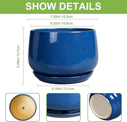 G EPGardening Round Ceramic Plant Pots - 7 Inch Modern Planter with Drainage and Plant Saucer for Indoor Outdoor Flower, Round Office Decor, New Gifts for Home, Blue