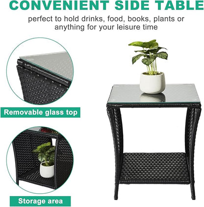 VINGLI Outdoor Wicker Side Table Patio Side Tables for Outside, Tempered Glass Top Wicker Table with Storage End Table for Balcony Porch Deck (Black)