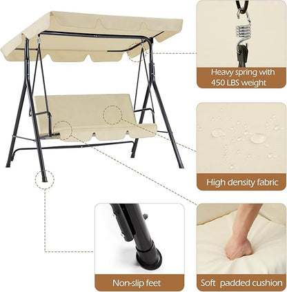 AECOJOY Porch Swing with Stand, 3-Seat Outdoor Clearance Porch Swings for Adults, Outdoor Patio Swing with Adjustable Canopy & Removable Cushion for Backyard, Garden, Balcony, Beige