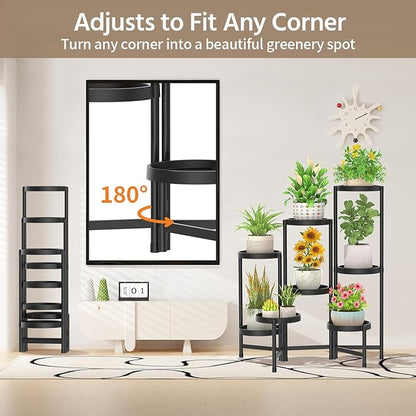 LASZOLA 8 Tiered Folding Plant Stand Indoor for Multiple Large Planter, Tall Heavy Duty Adjustable Rack with Rust Proof Plastic Shelving, Sturdy Vertical Tree Organizer for Narrow Inside Floor, Black