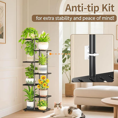 LASZOLA 6 Tier Plant Stand Indoors Outdoors for Large Heavy Duty Planter, Black Metal Tall Flower Holder Rack with Multiple Shelf for Modern Patio Corner, Vertical Organizer, Weather Resistant Bracket