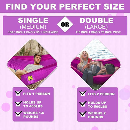 SZHLUX Camping Hammock Double & Single Portable Hammocks with 2 Tree Straps and Attached Carry Bag,Great for Outdoor,Indoor,Beach,Camping,Purple & Pink, Medium