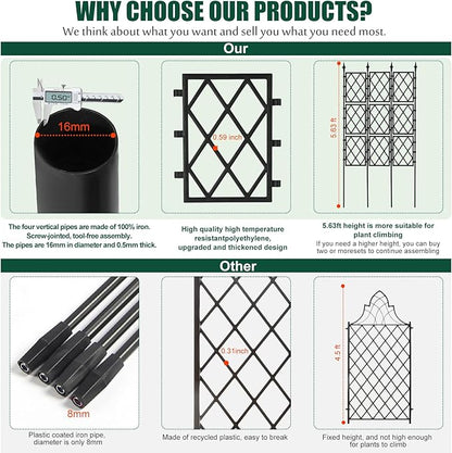Garden Trellis for Climbing Plants Outdoor 5.25 FT, Iron Pipe Metal Support Wall Tall Plant Trellis Lattice Fence Plant Support with Garden Twist Tie for Ivy Vines Rose